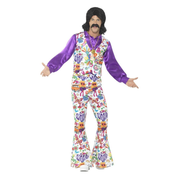 60s 70s Groovy Hippie Costume Suit for Men with Waistcoat, Shirt & Trousers S: M - Image 2