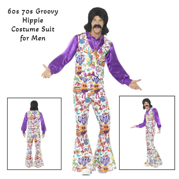 60s 70s Groovy Hippie Costume Suit for Men with Waistcoat, Shirt & Trousers S: M