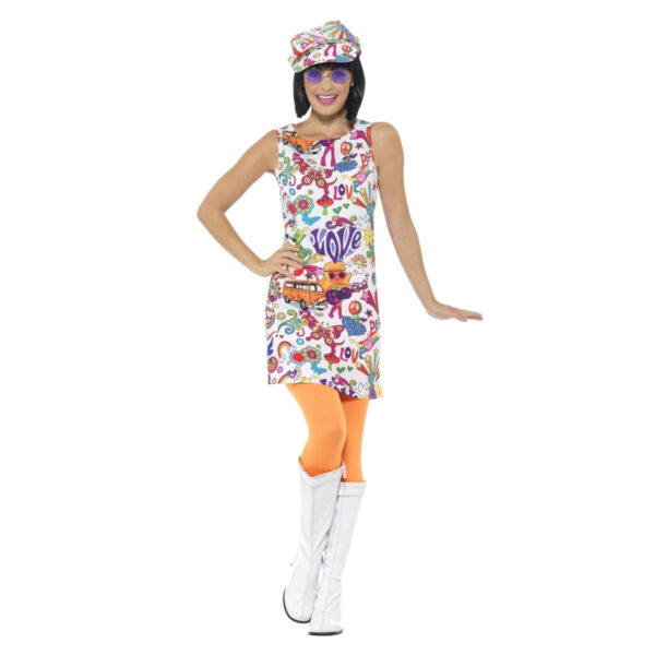 60s Groovy Chick Women's  Retro Peace Costume with Hat and Dress S: S/M - Image 3