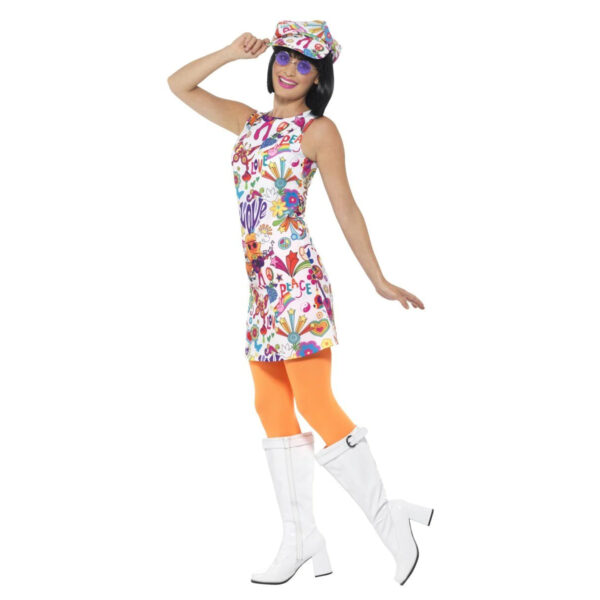 60s Groovy Chick Women's  Retro Peace Costume with Hat and Dress S: S/M - Image 5