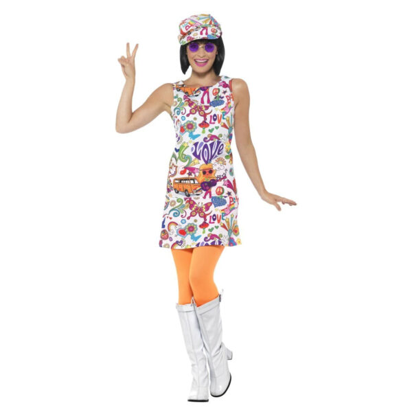 60s Groovy Chick Women's  Retro Peace Costume with Hat and Dress S: S/M - Image 6