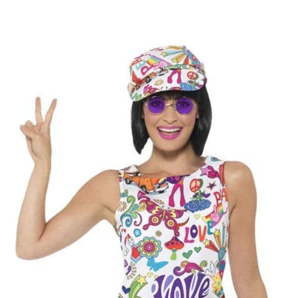 60s Groovy Chick Women's  Retro Peace Costume with Hat and Dress S: S/M - Image 8