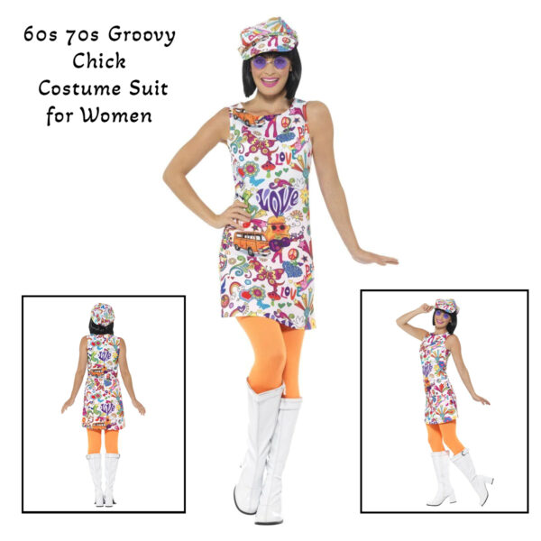 60s Groovy Chick Women's  Retro Peace Costume with Hat and Dress S: S/M - Image 2