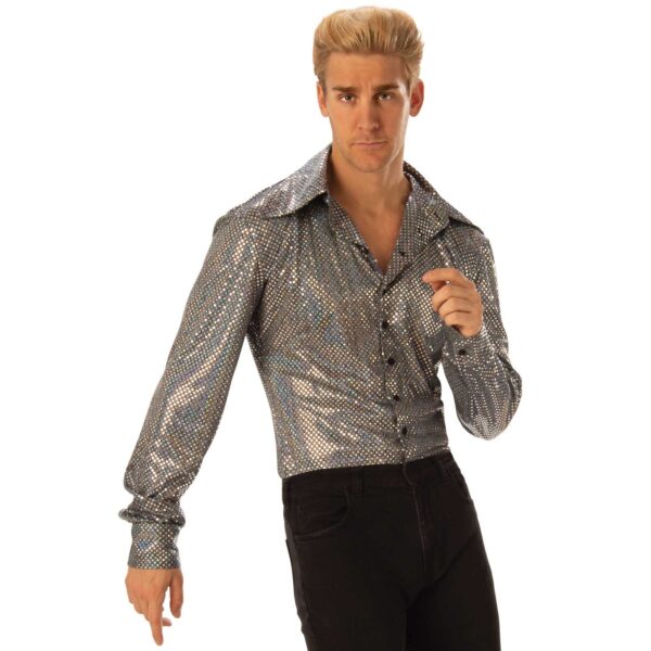 Groovy 70's Disco Mens's Disco Shirt Costume - Black & Silver with Sequins - Image 2