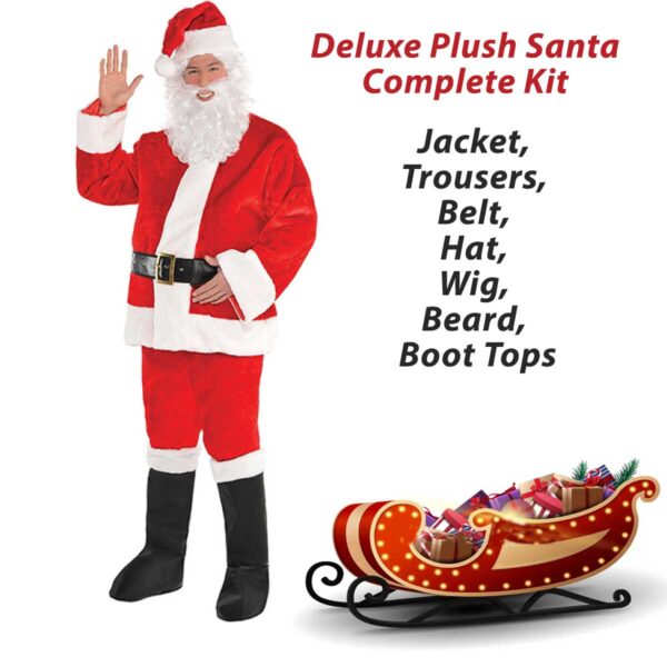 Santa Claus Christmas 7 Pc Suit: Red Jacket,Trousers,Beard,Hat,Belt,Boot Covers,Wig