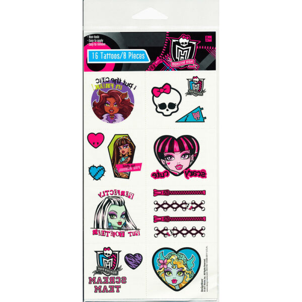 Monster High Tattoo Sheet Favours Party Supplies - 16 Tattoos (8 pieces)