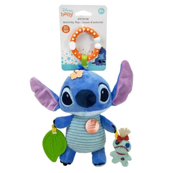 DISNEY BABY STITCH BABY ACTIVITY & PRAM TOY WITH SENSORY TEXTURES & TEETHER 35 CM