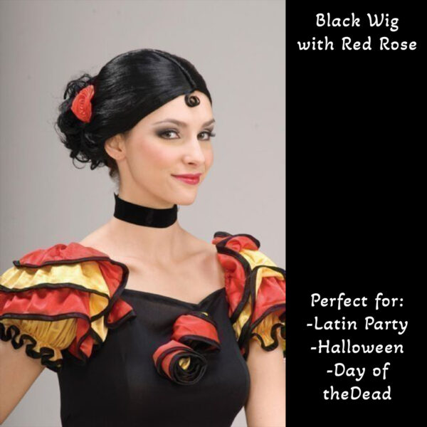 Spanish Senorita With Red Rose Black Wig Women's Costume Accessory - Image 3