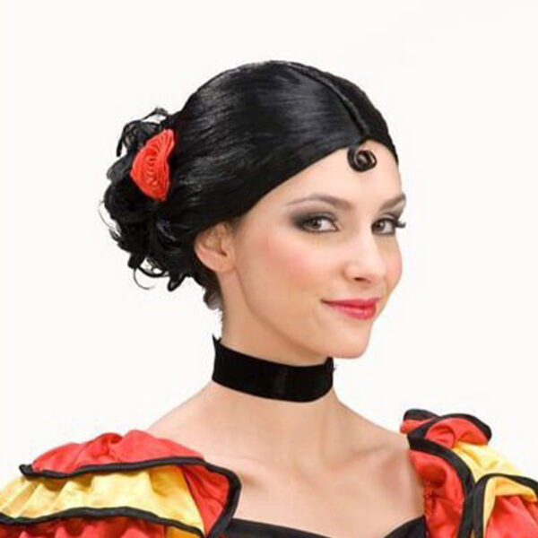 Spanish Senorita With Red Rose Black Wig Women's Costume Accessory