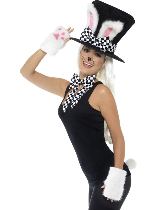 Tea Party March Hare Costume Set Hat Gloves Bow Tie Tail Easter Bunny Adult Kit - Image 2