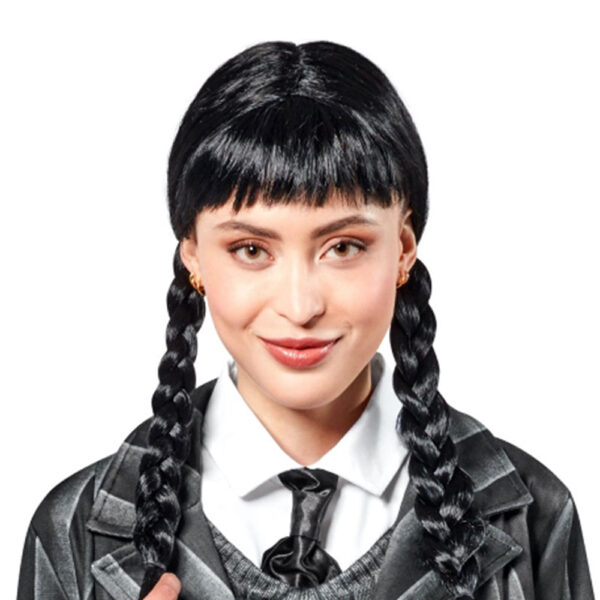 Wednesday Addams Womens Halloween Costume Wig - long, Black, Braided - Image 3