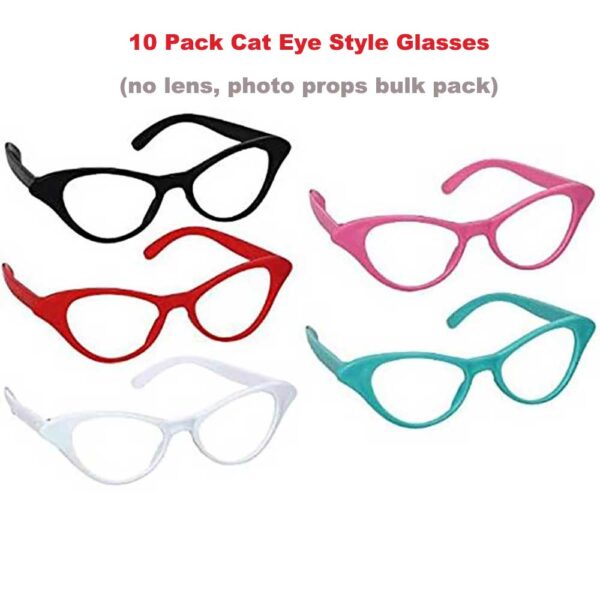 50's Cat Eye Style Retro Party Glasses Lens-free 10 Pcs Bulk Pack 1950s Photo Props