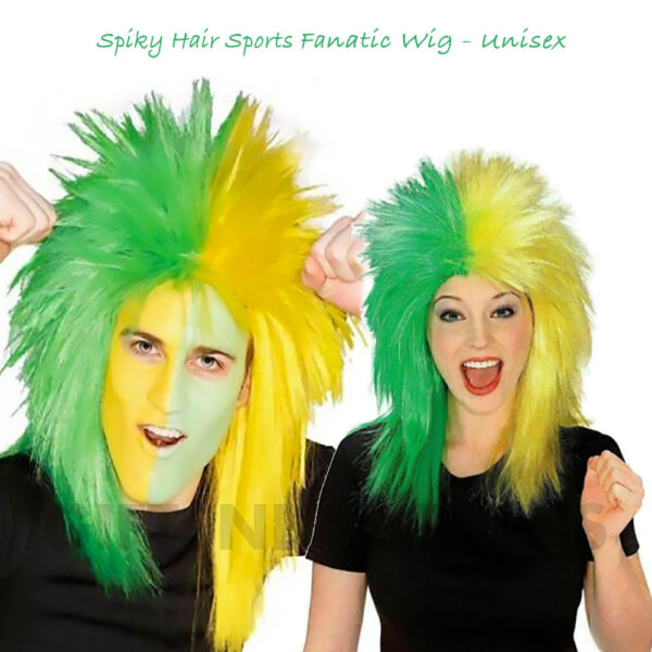 Sports Fanatic Wig Green/Yellow Deluxe Mullet Washable Spiky Hair Unisex Men Women