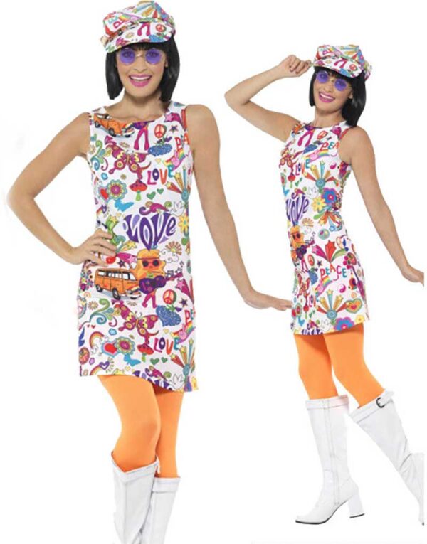 60s Groovy Chick Women's  Retro Peace Costume with Hat and Dress S: S/M