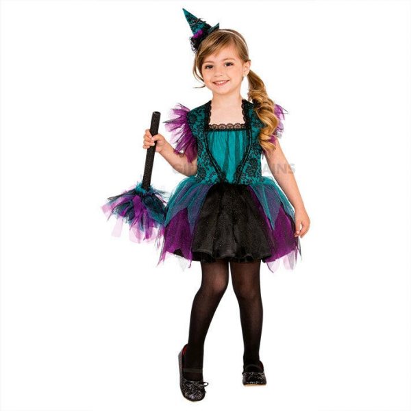 Bewitching Witch Costume Halloween Child Small Glitter Hat Purple Teal Broom 3-4 - Image 3