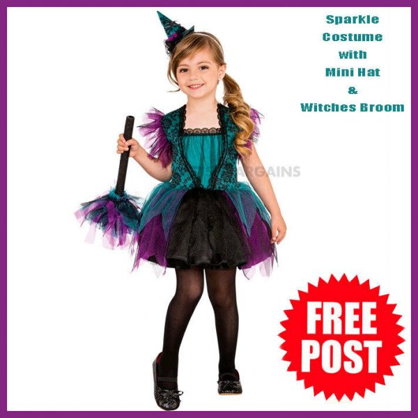 Bewitching Witch Costume Halloween Child Small Glitter Hat Purple Teal Broom 3-4