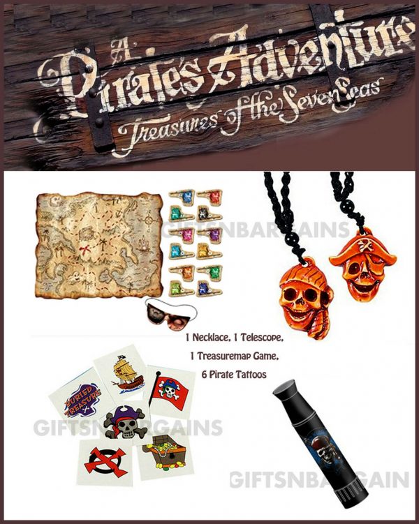 Boys Pirate Play Pack Treasure Map Party Game,Pirate Necklace, Telescope,Tattoos