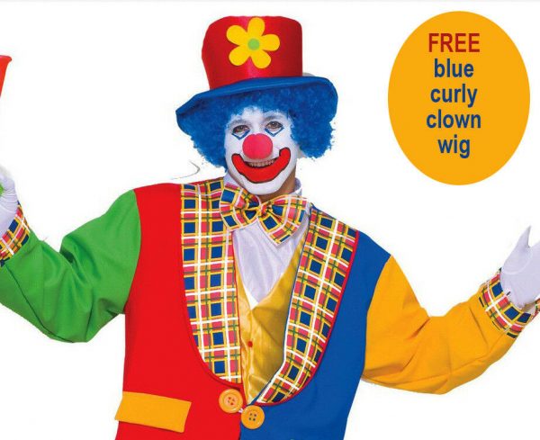 Clown Circus Party Entertainer Costume Adult Jester Tux Hat FREE Blue AFRO Wig - Image 3