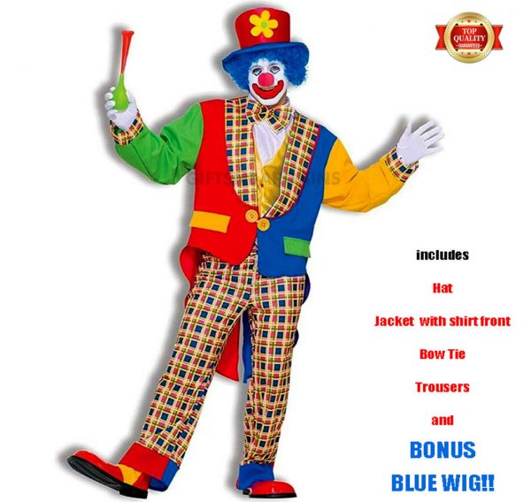 Clown Circus Party Entertainer Costume Adult Jester Tux Hat FREE Blue AFRO Wig