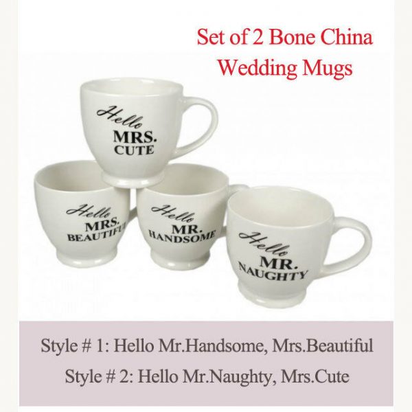 Coffee Cups Tea Pair Mugs Bonbonniere Gift Hello Mr & Mrs Newly Weds Couple - Image 3