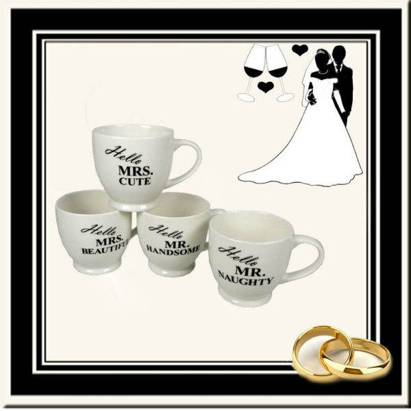 Coffee Cups Tea Pair Mugs Bonbonniere Gift Hello Mr & Mrs Newly Weds Couple