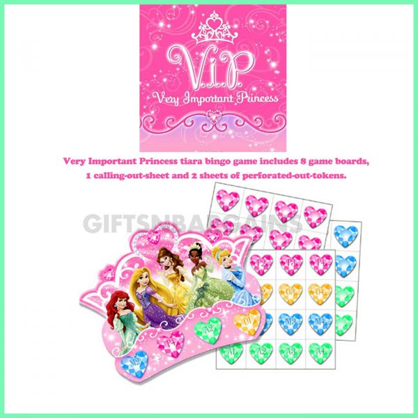 DISNEY VIP PRINCESS TIARA BINGO PARTY GAME Birthday Party Activity Pack 8 Girls