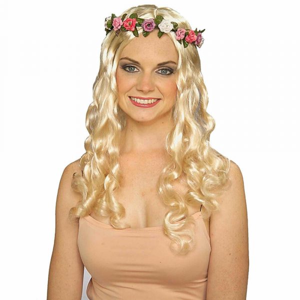 Flora Fairy Costume Wig Long Blonde Hair w Floral Headpiece Garden Spring