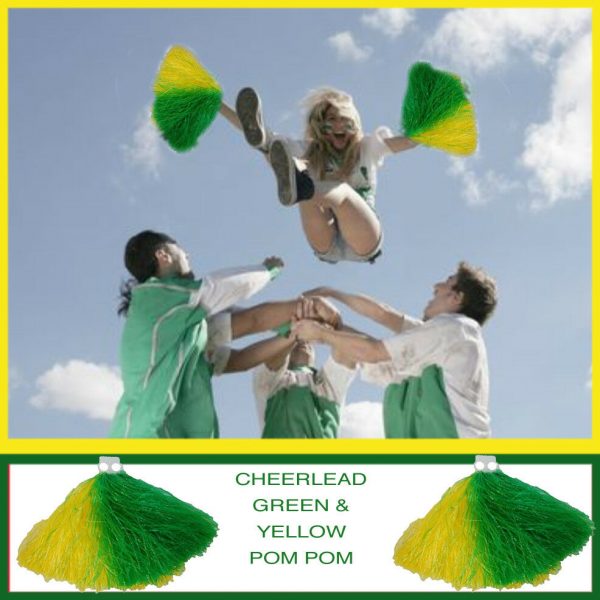 Pom Pom Pair Green Yellow Cheer Lead Team Sport Cricket Aussie Costume Accessory