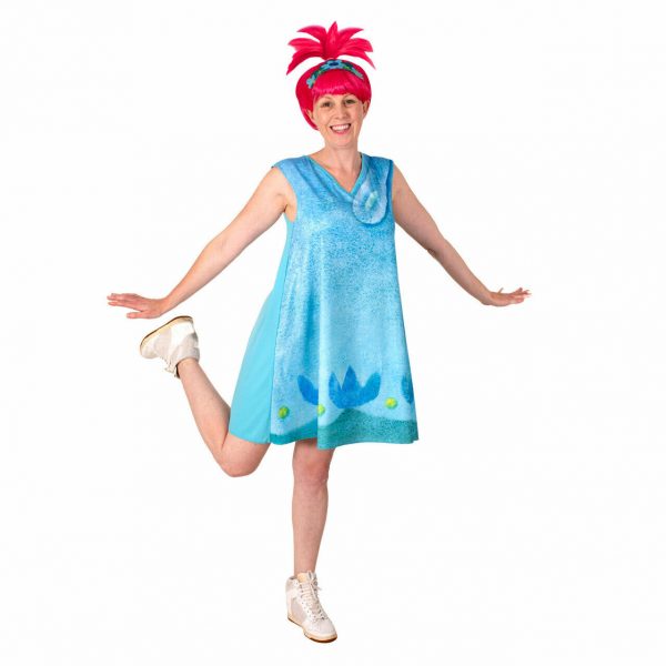 WOMENS POPPY TROLLS 2 COSTUME WORLD TOUR ADULT BLUE PRINTED DRESS BOOKWEEK W WIG - Image 3