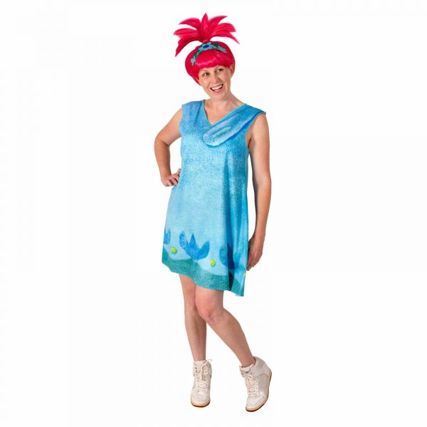 WOMENS POPPY TROLLS 2 COSTUME WORLD TOUR ADULT BLUE PRINTED DRESS BOOKWEEK W WIG - Image 4