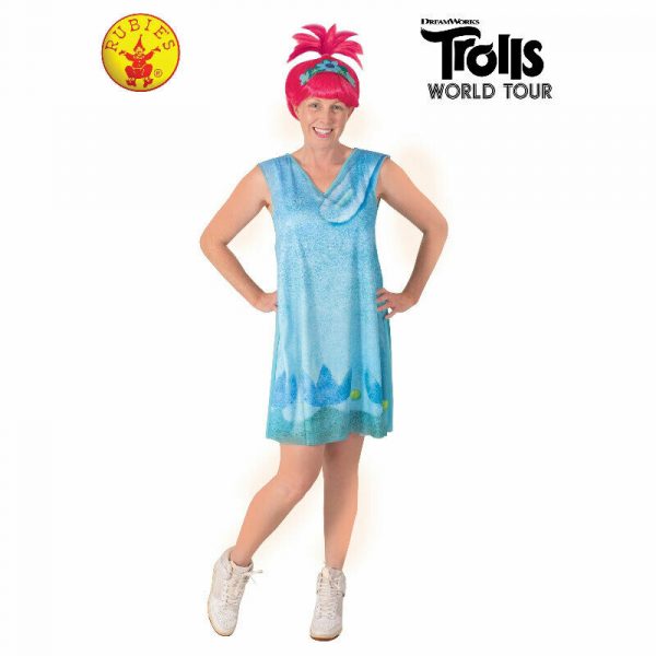 WOMENS POPPY TROLLS 2 COSTUME WORLD TOUR ADULT BLUE PRINTED DRESS BOOKWEEK W WIG