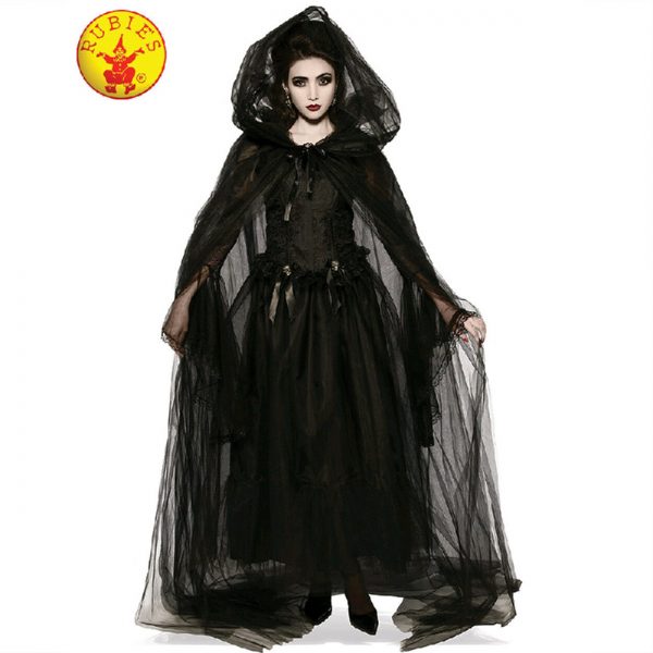 Black Hooded Cape Witch Costume Ghost Halloween Horror Cloak Ghost Lady Spectre - Image 3