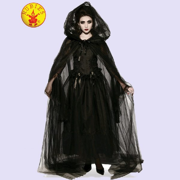 Black Hooded Cape Witch Costume Ghost Halloween Horror Cloak Ghost Lady Spectre