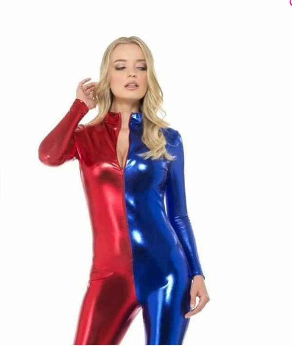 Fever Miss Jester Whiplash Costume Red & Blue, Zip-Up Cat Suit Clown HarleyQuinn - Image 4