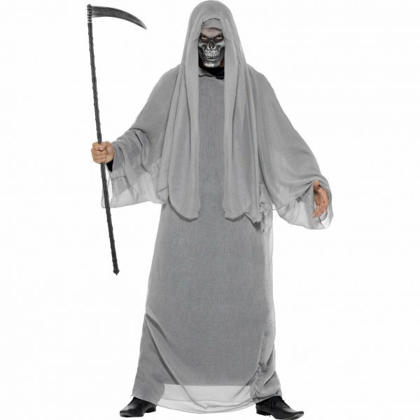 GREY GRIM REAPER COSTUME HALLOWEEN MEN GHOST SKELETON SCREAM HORROR ROBE EVILM/L