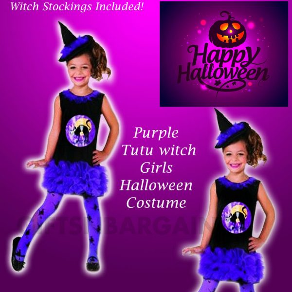 Girls Purple Tutu Witch Halloween Costume Dress Hat Tights Kids Party S: S(2-4y) - Image 3