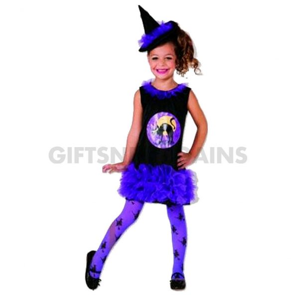 Girls Purple Tutu Witch Halloween Costume Dress Hat Tights Kids Party S: S(2-4y)