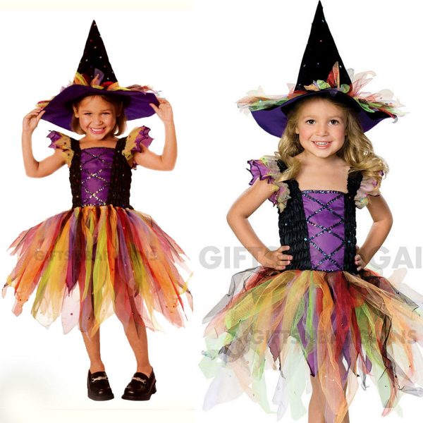 Glitter Witch Costume Girl Child Halloween Purple Tutu Dress & Hat S: S/M 4-6-8