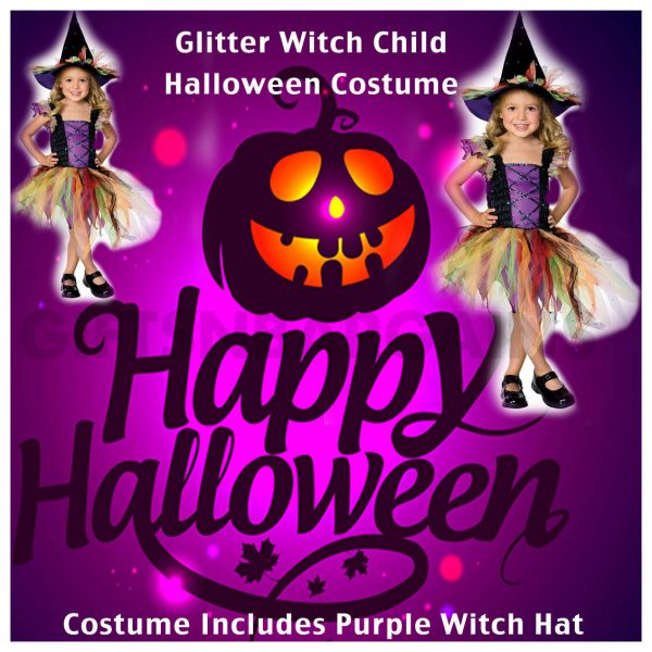 Glitter Witch Costume Girl Child Halloween Purple Tutu Dress & Hat S: S/M 4-6-8 - Image 8