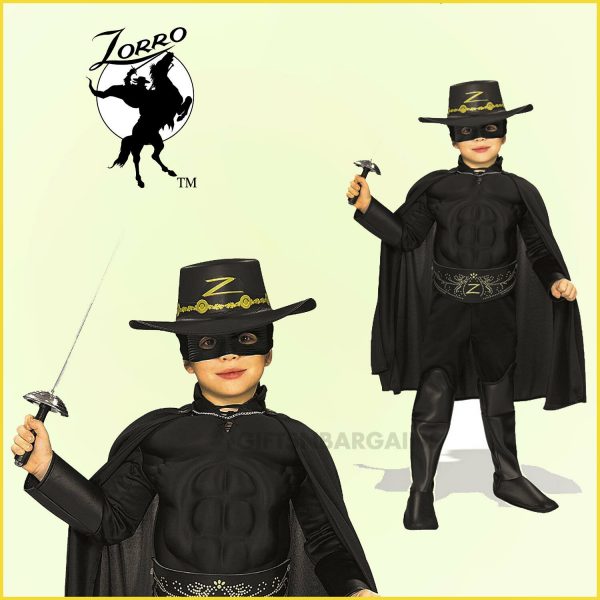 LICENSED DELUXE ZORRO CHILD BOYS MUSCLE CHEST FANCY DRESS HALLOWEEN COSTUME 5-7y