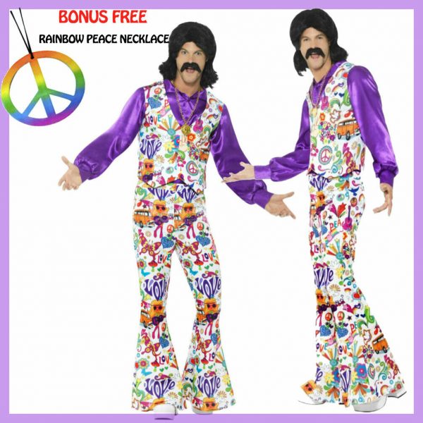 Men 1960s Groovy Hippy Hippie Costume Peace Disco 70s 60s Rainbow Woodstock Suit