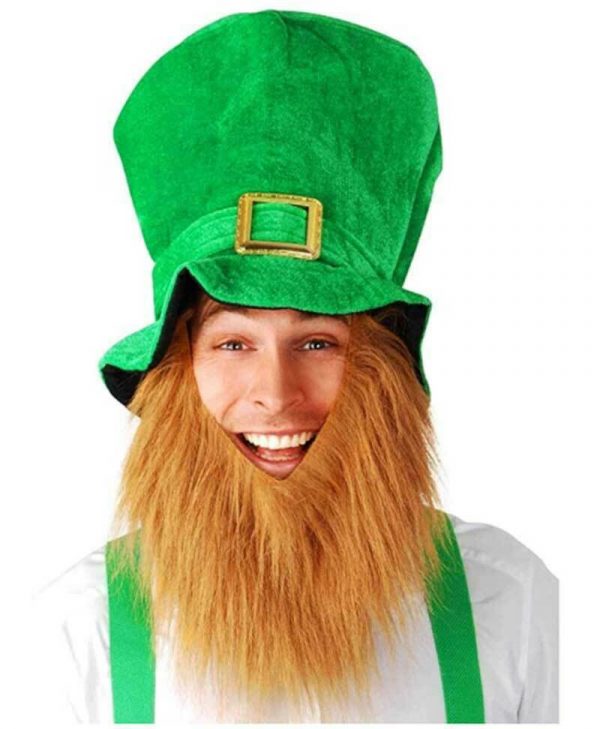 St Patricks Hat Green Leprechaun Pats Hat & Ginger Beard Men Irish Costume Paddy