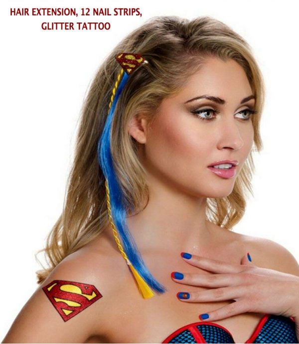 Supergirl Costume Accessory Kit Nail Decals Hair Extension Glitter Gel Tattoo - Image 3