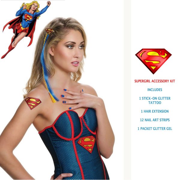 Supergirl Costume Accessory Kit Nail Decals Hair Extension Glitter Gel Tattoo