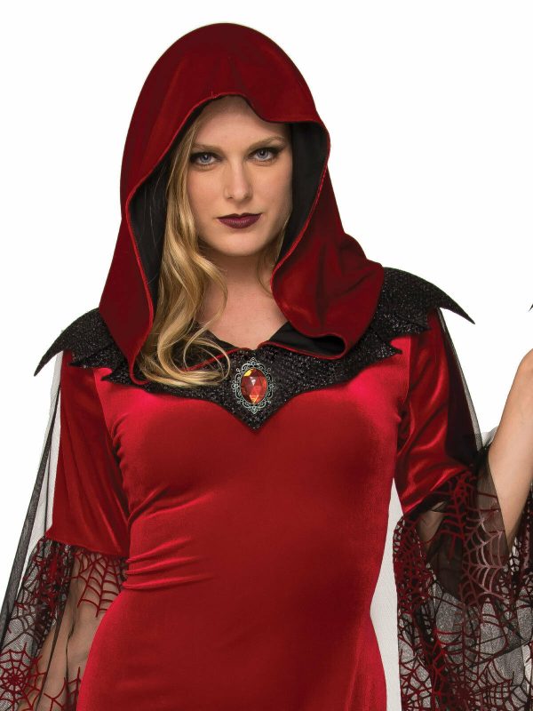 BAT MISTRESS COSTUME GOTHIC WITCH VAMPIRESS DRESS HALLOWEEN RED HOOD VELVET CAPE - Image 3