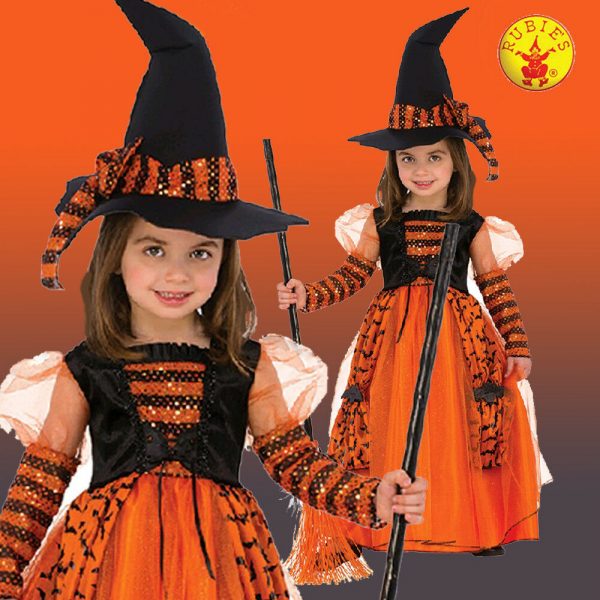 Girls Sparkle Witch Orange Bats Costume Black Hat Halloween Fancy Dress Small - Image 3