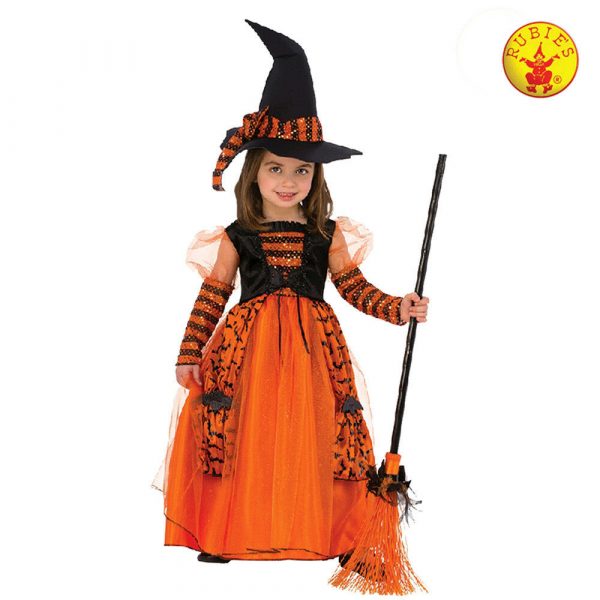 Girls Sparkle Witch Orange Bats Costume Black Hat Halloween Fancy Dress Small - Image 4