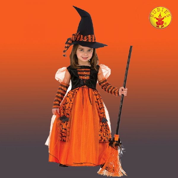 Girls Sparkle Witch Orange Bats Costume Black Hat Halloween Fancy Dress Small - Image 5