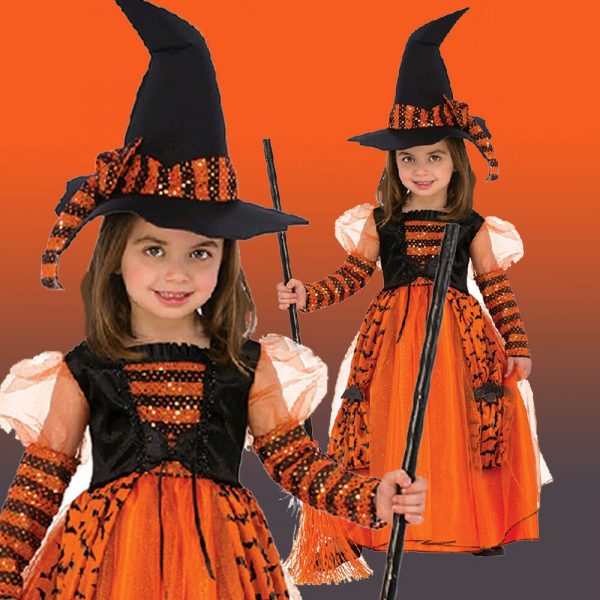 Girls Sparkle Witch Orange Bats Costume Black Hat Halloween Fancy Dress Small - Image 6