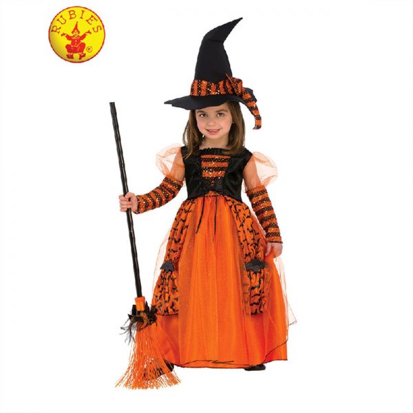 Girls Sparkle Witch Orange Bats Costume Black Hat Halloween Fancy Dress Small